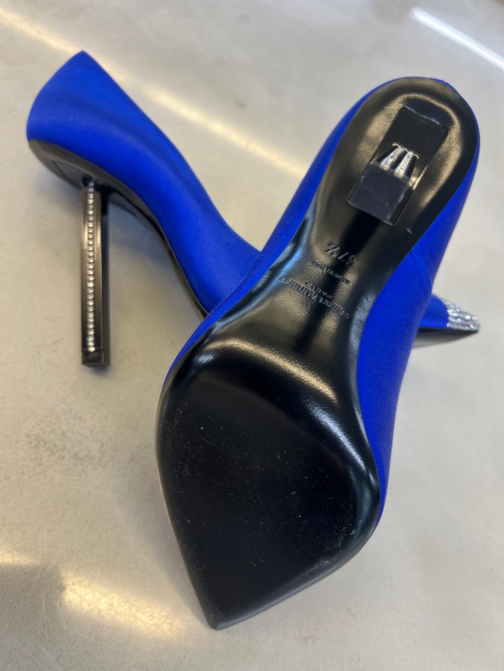 Saint Laurent Cobalt Blue Satin Pointed-Toe Pumps with Crystal Tips - Picture 6 of 6